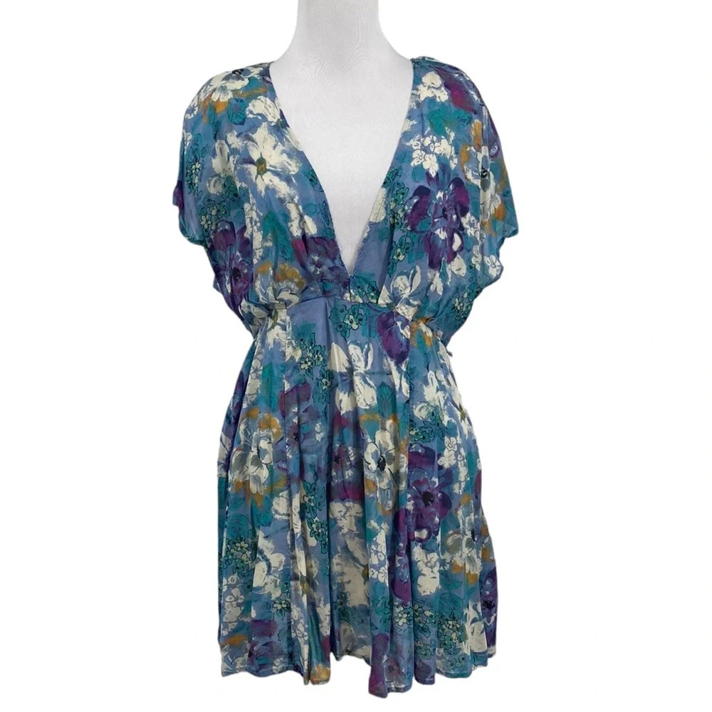Free People Freddy Tie Mini Dress Women Size Small Blue Purple Floral Modal Boho